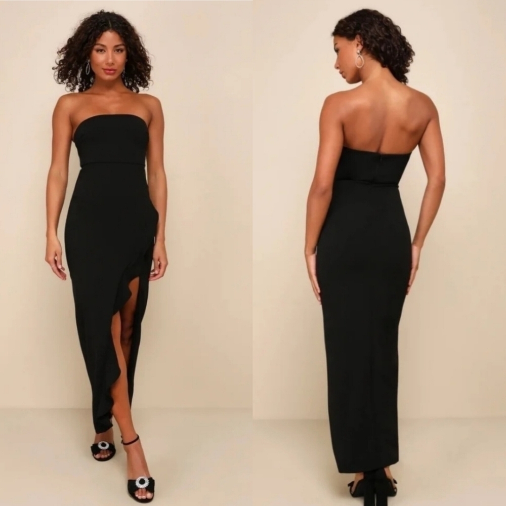 Lulu's Black Strapless Ruffle-Slit Maxi Dress
